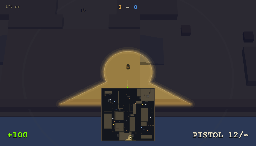 Игрок с пистолетом и полем видимости на карте Dust Arena